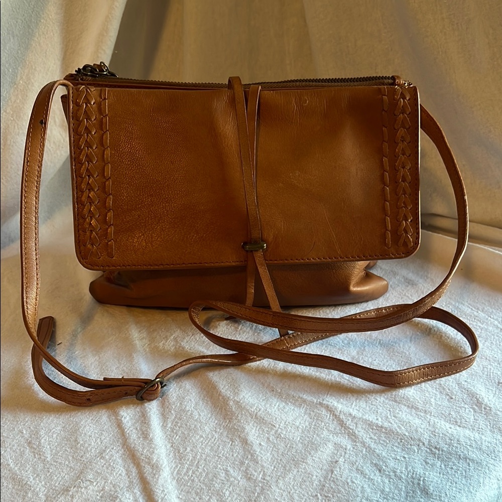 Lucky Brand Tan Leather Crossbody Bag with Woven Design